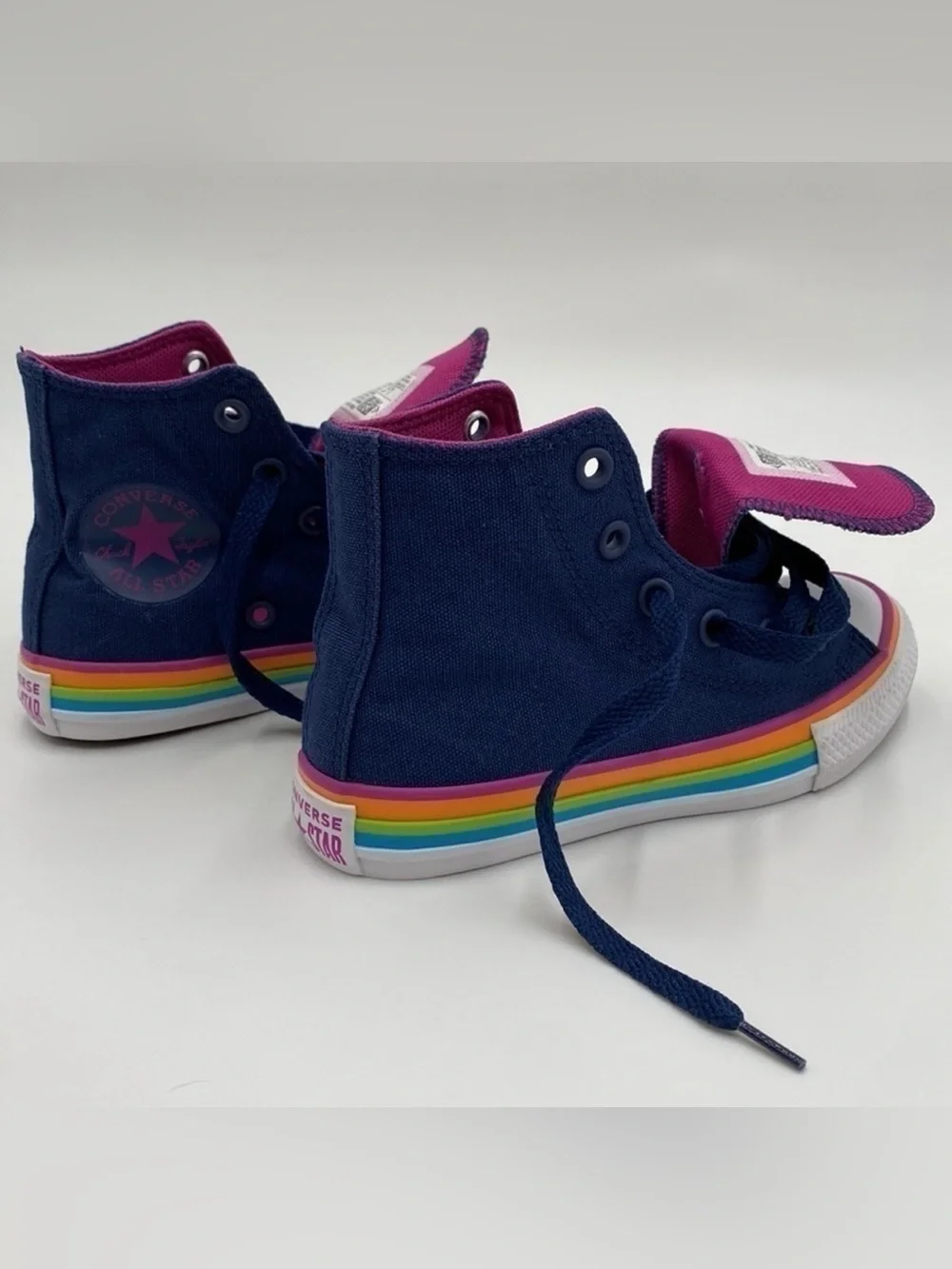 Converse Kids Navy Blue Canvas High Tops with Rainbow Trim Size 11 Toddler
